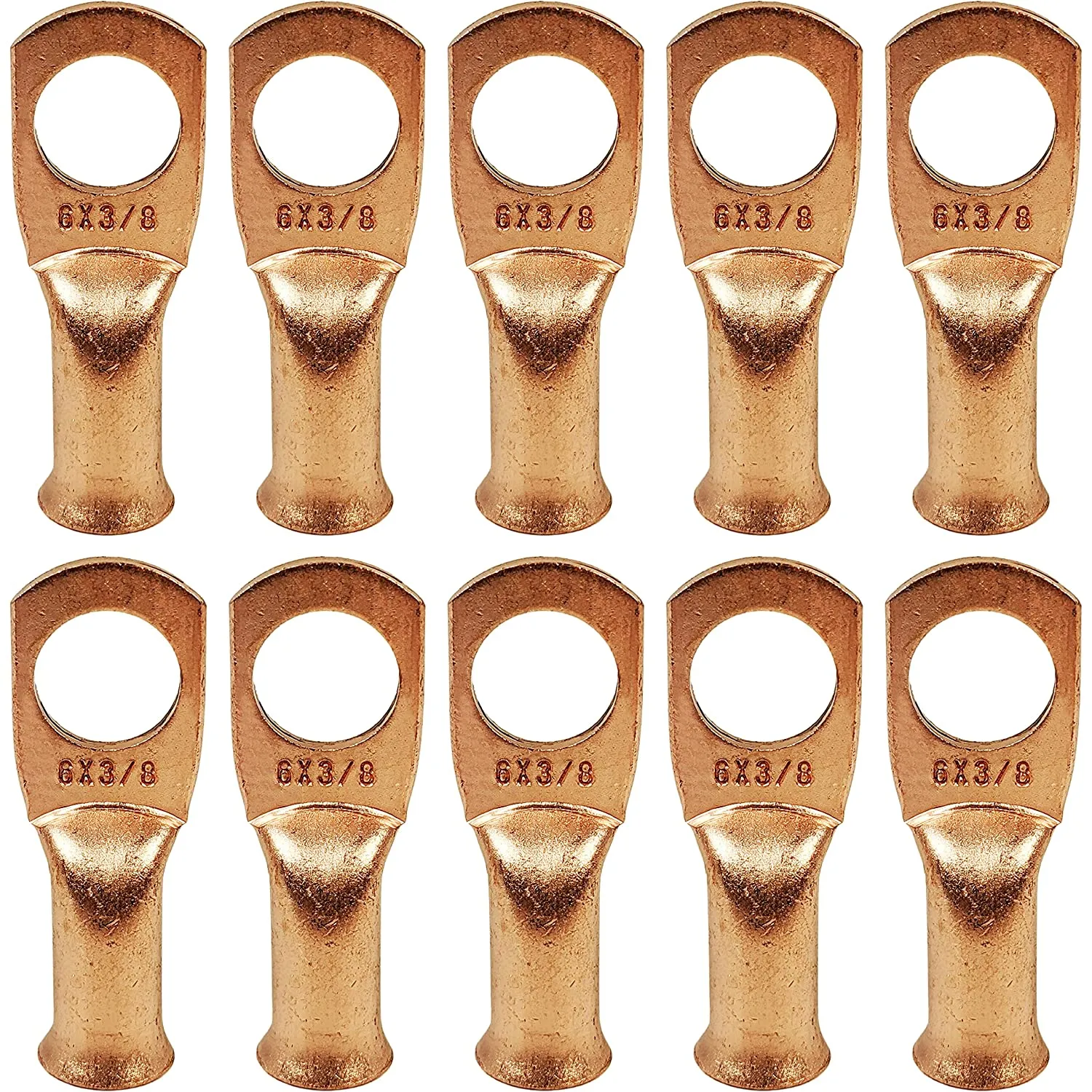 10 Pack 6 AWG 3/8" Bare Copper Ring Terminals, Heavy Duty Wire Lugs for Battery Cable Ends, RoHS Compliant