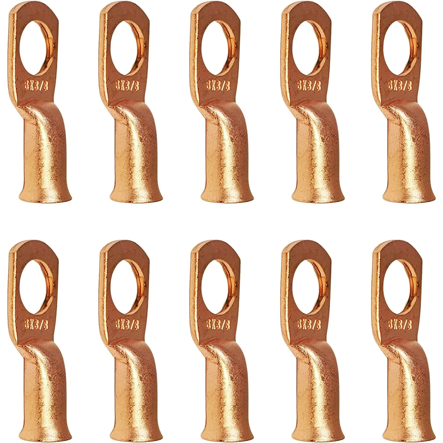 10 Pack 6 AWG 3/8" Bare Copper Ring Terminals, Heavy Duty Wire Lugs for Battery Cable Ends, RoHS Compliant