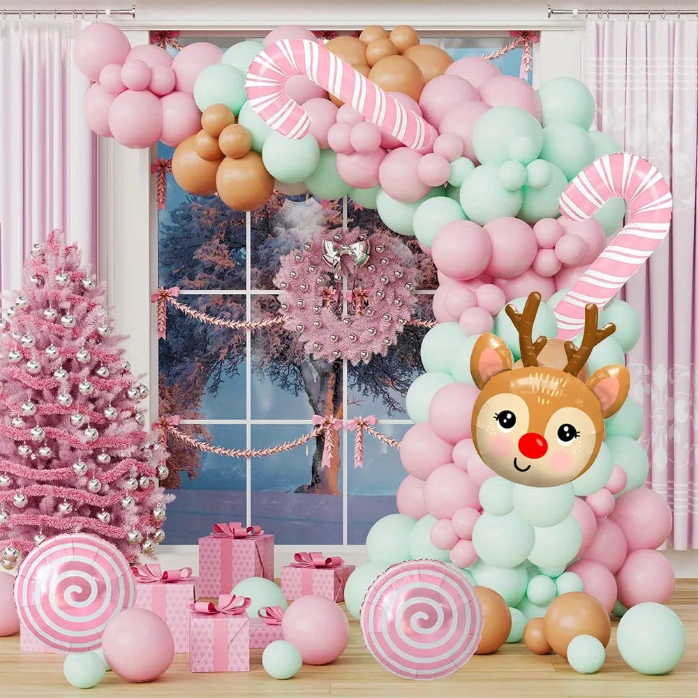 133pcs Christmas Balloon Arch Kit with Pink Candy Cane and Reindeer Head Foil Balloons, Mixed Color Emulsion & Aluminum Film Balloons for Wedding, Anniversary, Reunion - Suitable for 14 
