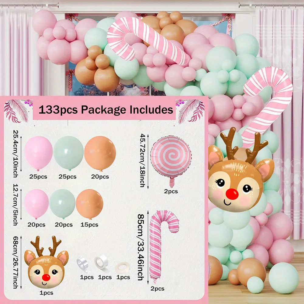 133pcs Christmas Balloon Arch Kit with Pink Candy Cane and Reindeer Head Foil Balloons, Mixed Color Emulsion & Aluminum Film Balloons for Wedding, Anniversary, Reunion - Suitable for 14 