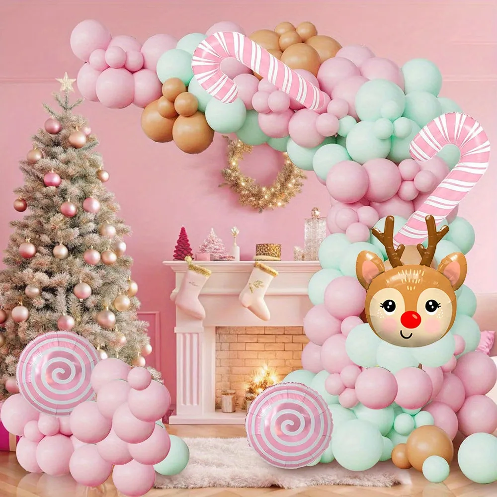 133pcs Christmas Balloon Arch Kit with Pink Candy Cane and Reindeer Head Foil Balloons, Mixed Color Emulsion & Aluminum Film Balloons for Wedding, Anniversary, Reunion - Suitable for 14 