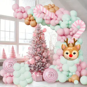 133pcs Christmas Balloon Arch Kit with Pink Candy Cane and Reindeer Head Foil Balloons, Mixed Color Emulsion & Aluminum Film Balloons for Wedding, Anniversary, Reunion - Suitable for 14 