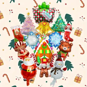14pcs Mini Christmas Balloon Set - Santa, Reindeer, Tree, Snowman & Gingerbread Designs with Curling Ribbon - Perfect for Holiday Party Decorations