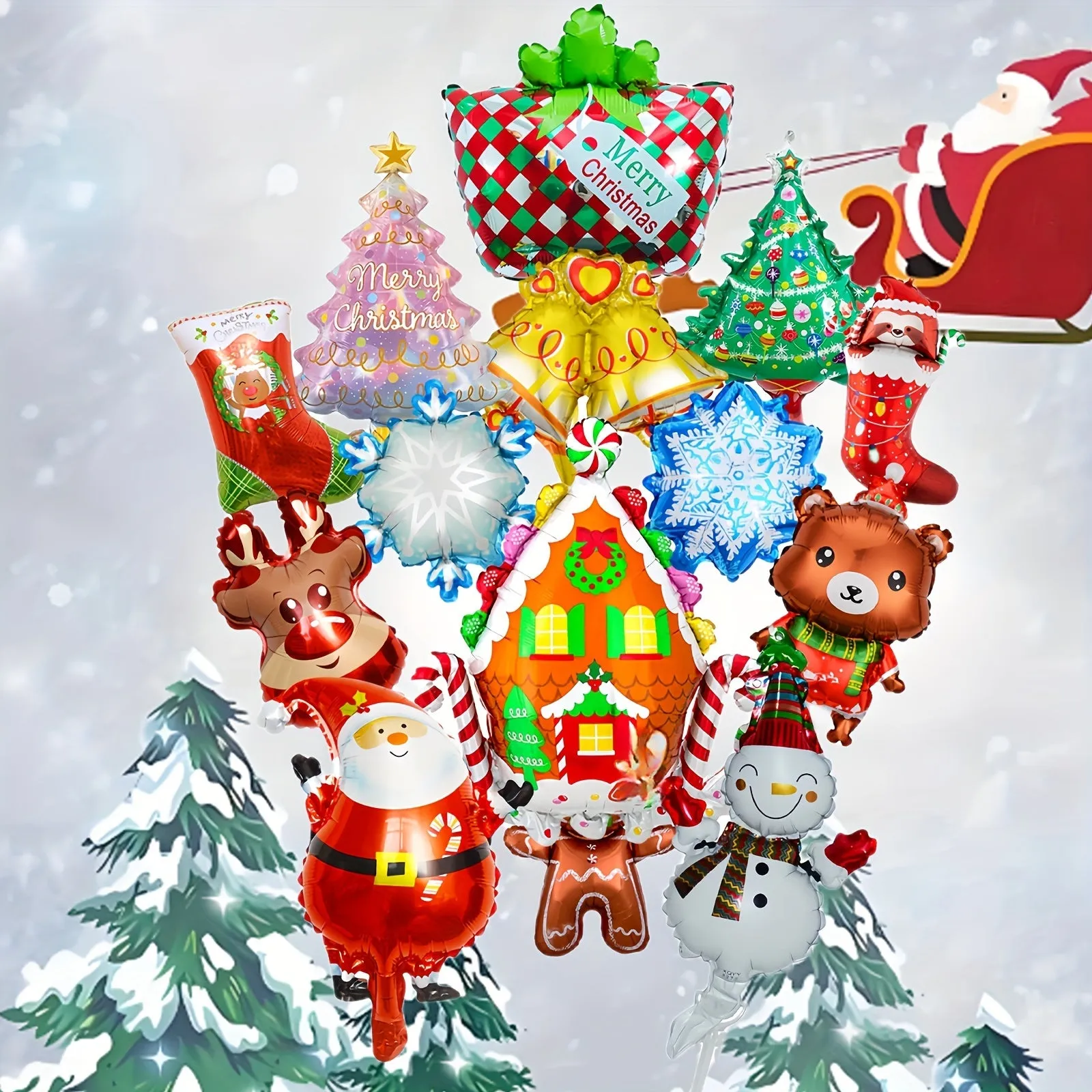 14pcs Mini Christmas Balloon Set - Santa, Reindeer, Tree, Snowman & Gingerbread Designs with Curling Ribbon - Perfect for Holiday Party Decorations