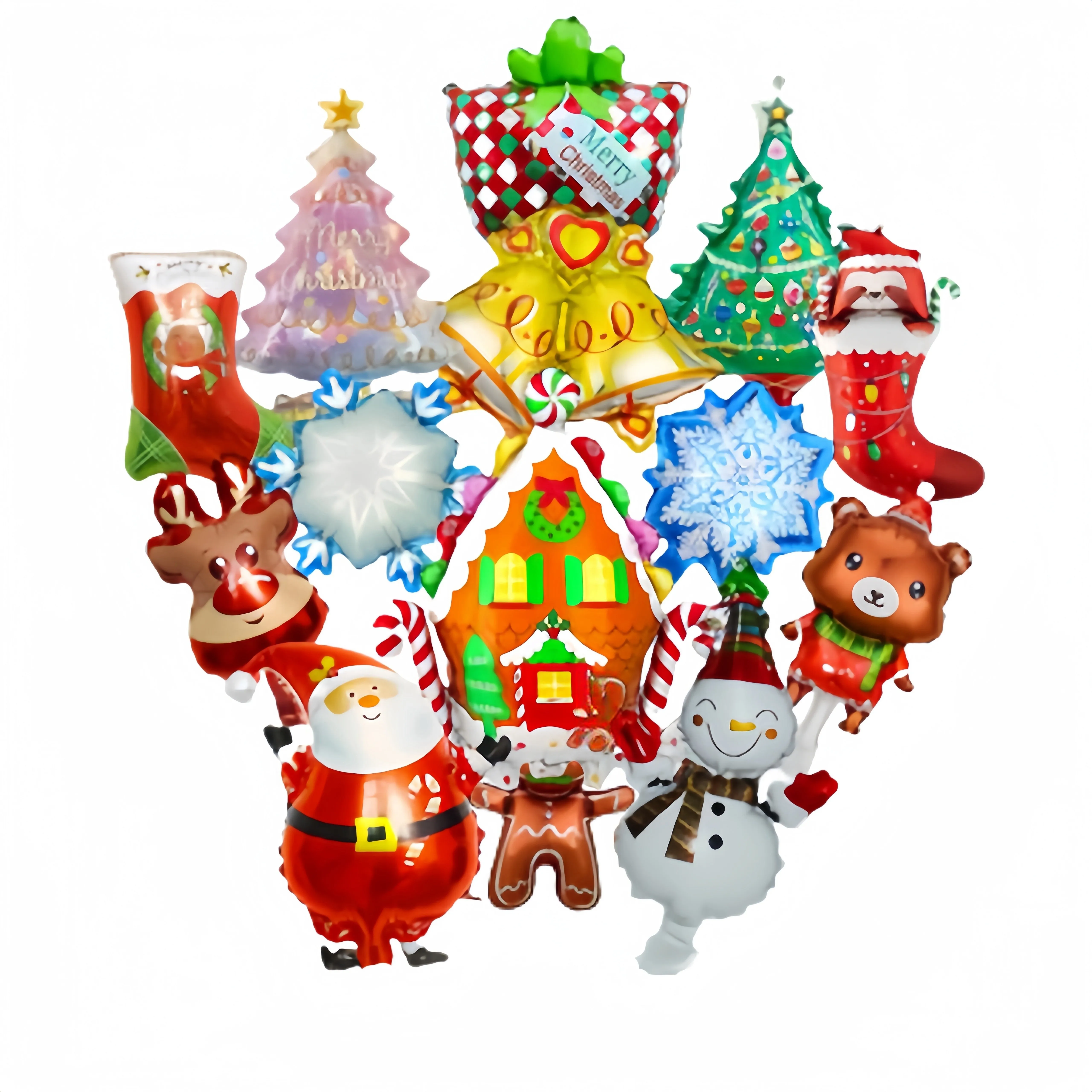 14pcs Mini Christmas Balloon Set - Santa, Reindeer, Tree, Snowman & Gingerbread Designs with Curling Ribbon - Perfect for Holiday Party Decorations