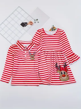 1pcs (Not 2pcs, Please Purchase Boy's Or Girl's Clothing Separately) Sister And Brother Matching Striped Dress Or Shirt, Christmas Reindeer Print Clothes For Vacation Family Activities