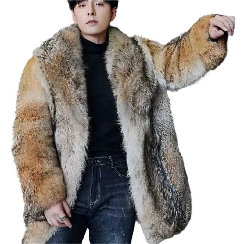 2025 Men's Long Wolf Fur Faux Mink Overcoat - Winter Loose Fit Trendy Warm Coat | Stylish Male Singer Stage Costume