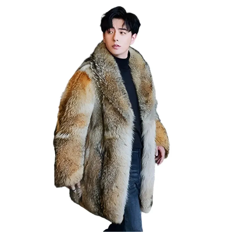 2025 Men's Long Wolf Fur Faux Mink Overcoat - Winter Loose Fit Trendy Warm Coat | Stylish Male Singer Stage Costume