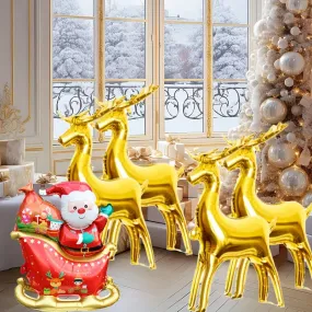 3Pcs Vibrant Reindeer & Santa Sleigh Balloon Set - Self-Sealing, Reusable, Mixed Color Foil Decorations for New Year & Christmas Celebrations, Perfect for Indoor Festivities, Ages 14  and Up