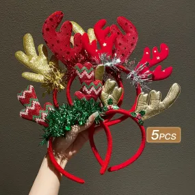 5pcs Women's Christmas Antlers Headbands, Sweet Reindeer Horn Hair Accessories, Festive Party Geometric Pattern, Mixed Colors, Autumn/Winter Season, Daily Casual Wear, Polyester, Brand LEMON LOVEO
