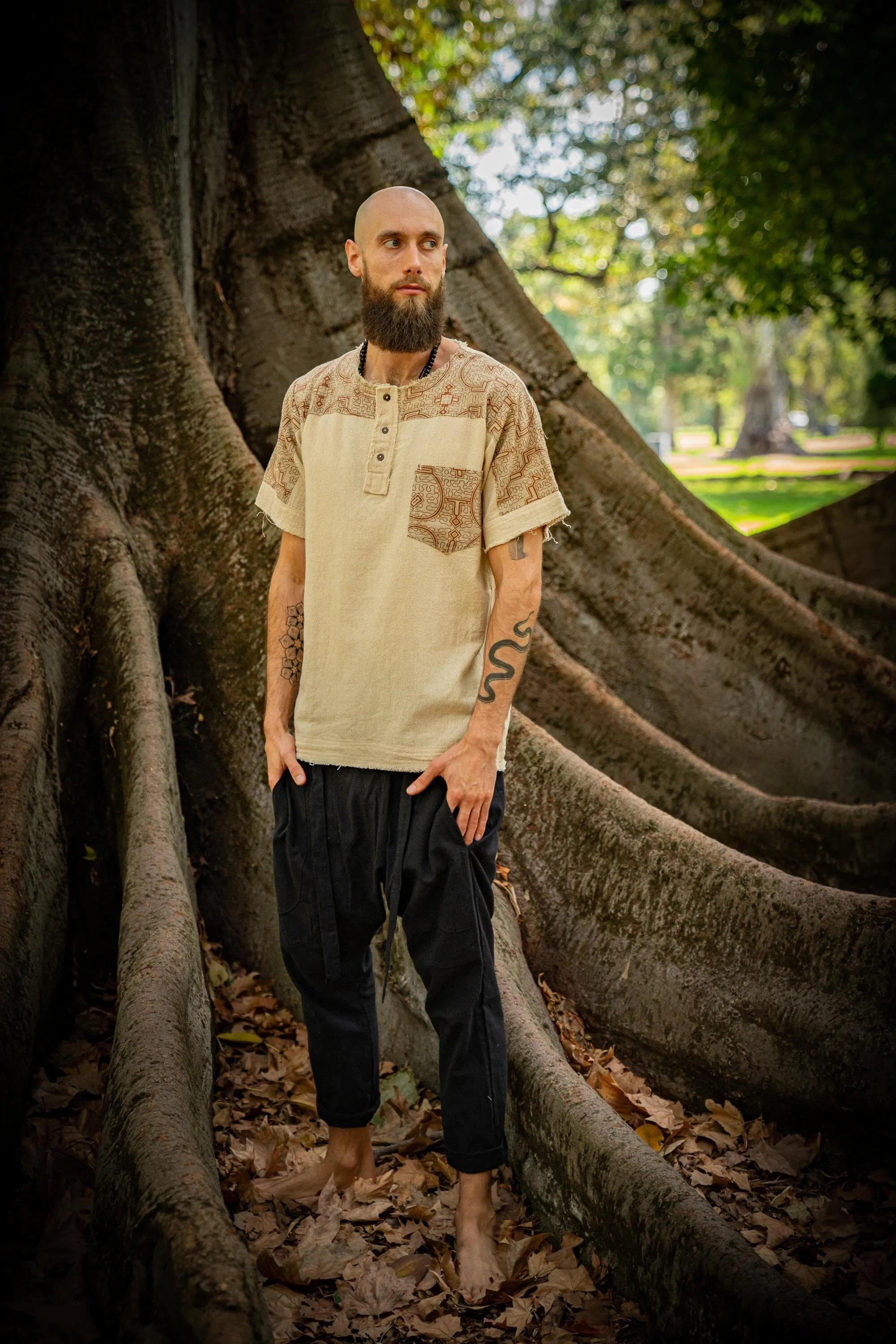 ASURA Mens Top Beige Brown Sacred Plant Shipibo Pattern Pocket T Shirt Shamanic Neo Tribal Gypsy Ritual Shaman Ethnic Handmade AJJAYA