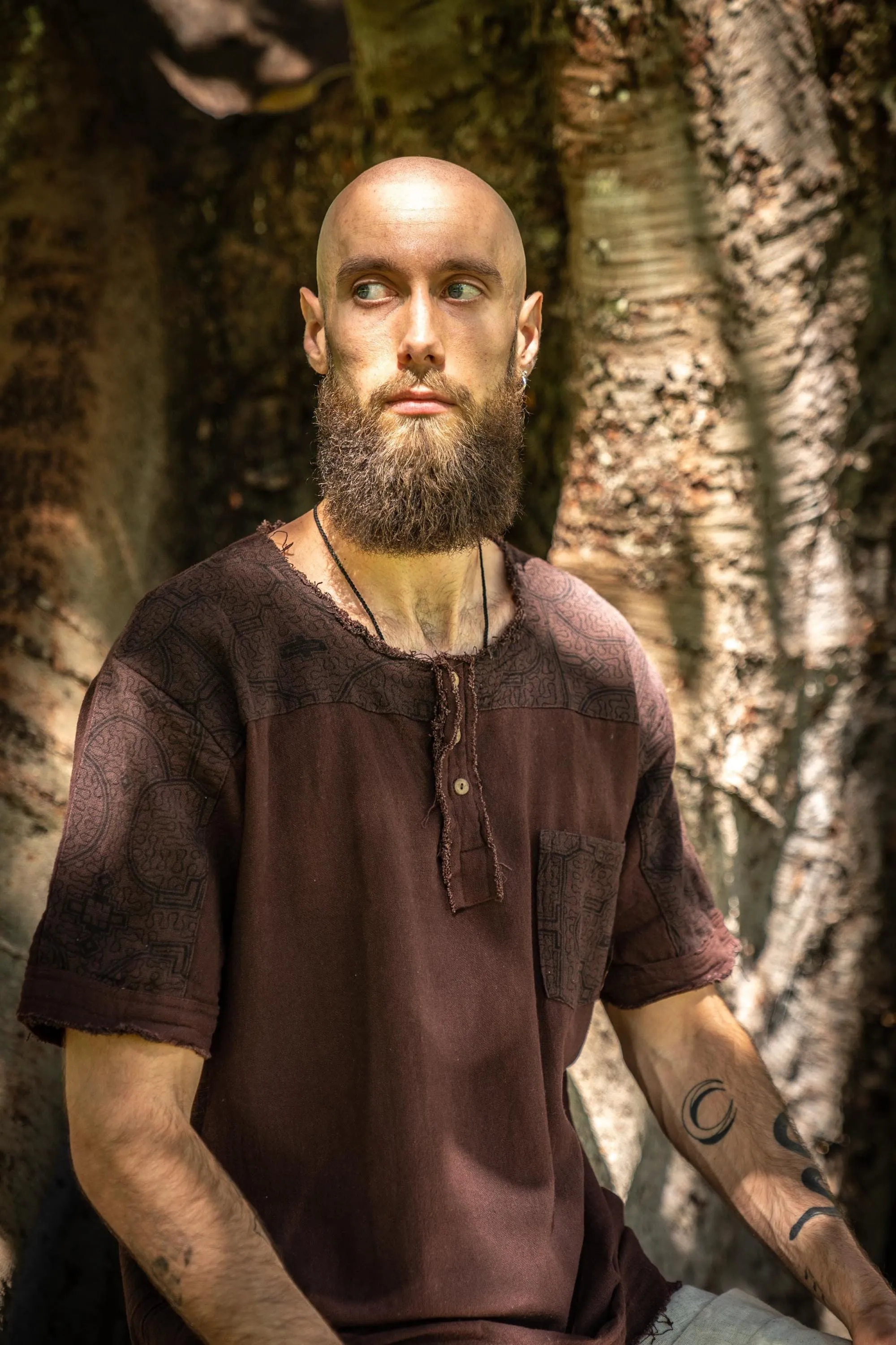 ASURA Mens Top Beige Brown Sacred Plant Shipibo Pattern Pocket T Shirt Shamanic Neo Tribal Gypsy Ritual Shaman Ethnic Handmade AJJAYA