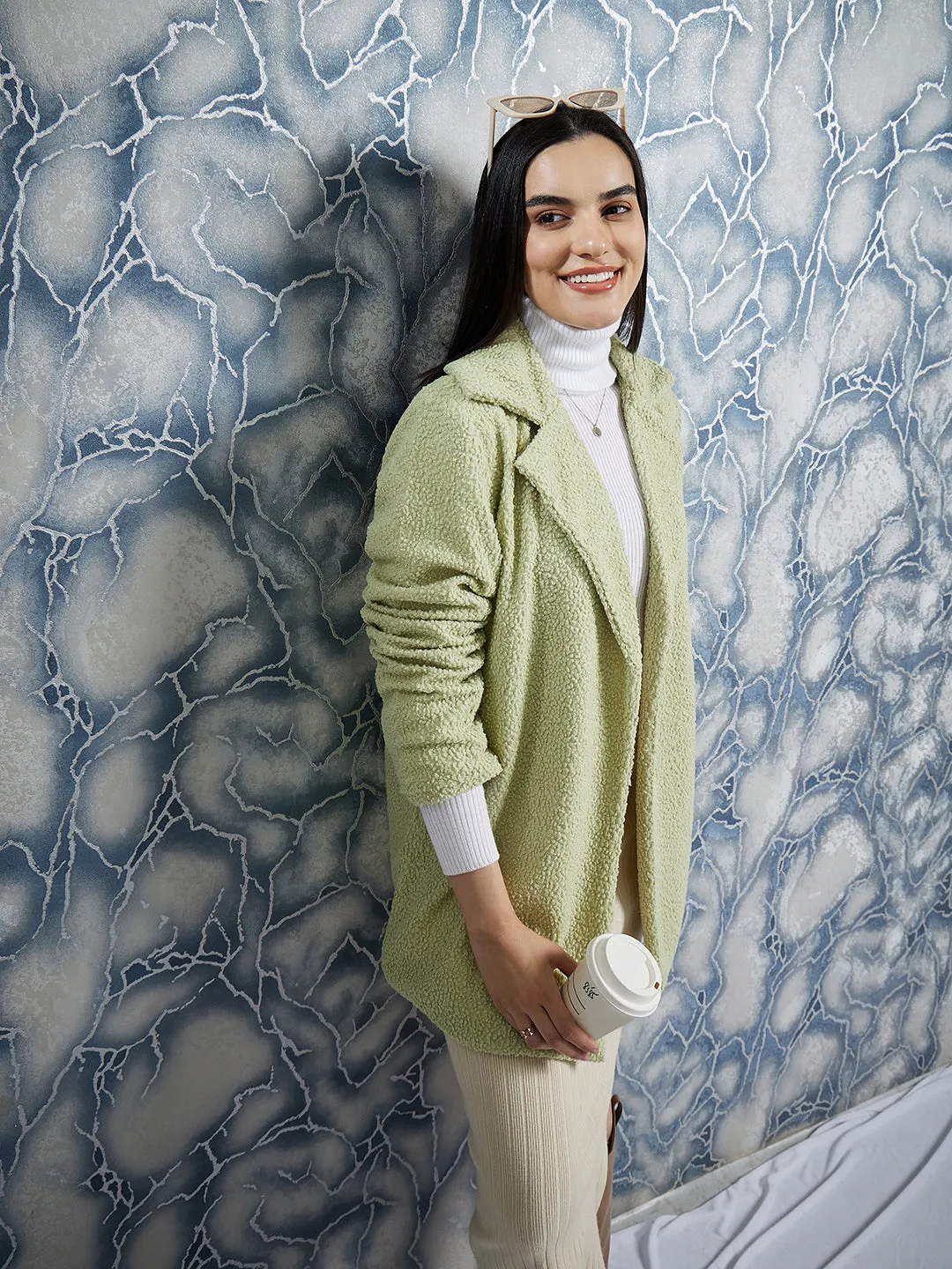 Athena Green Front Open Textured Over Coat