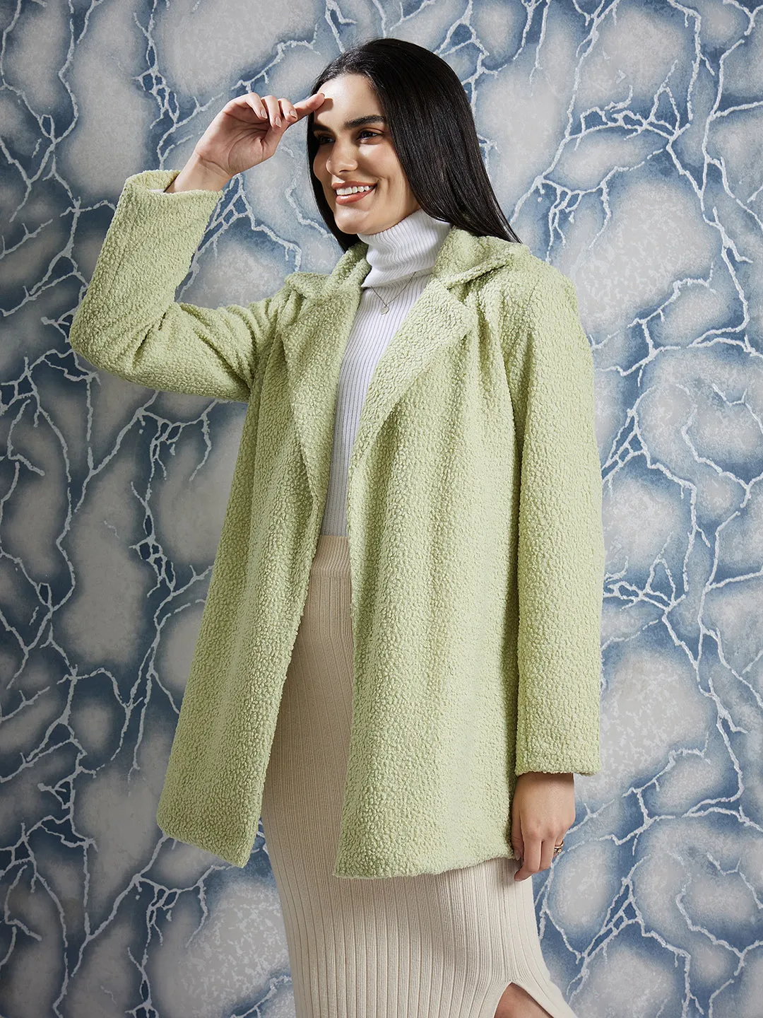 Athena Green Front Open Textured Over Coat