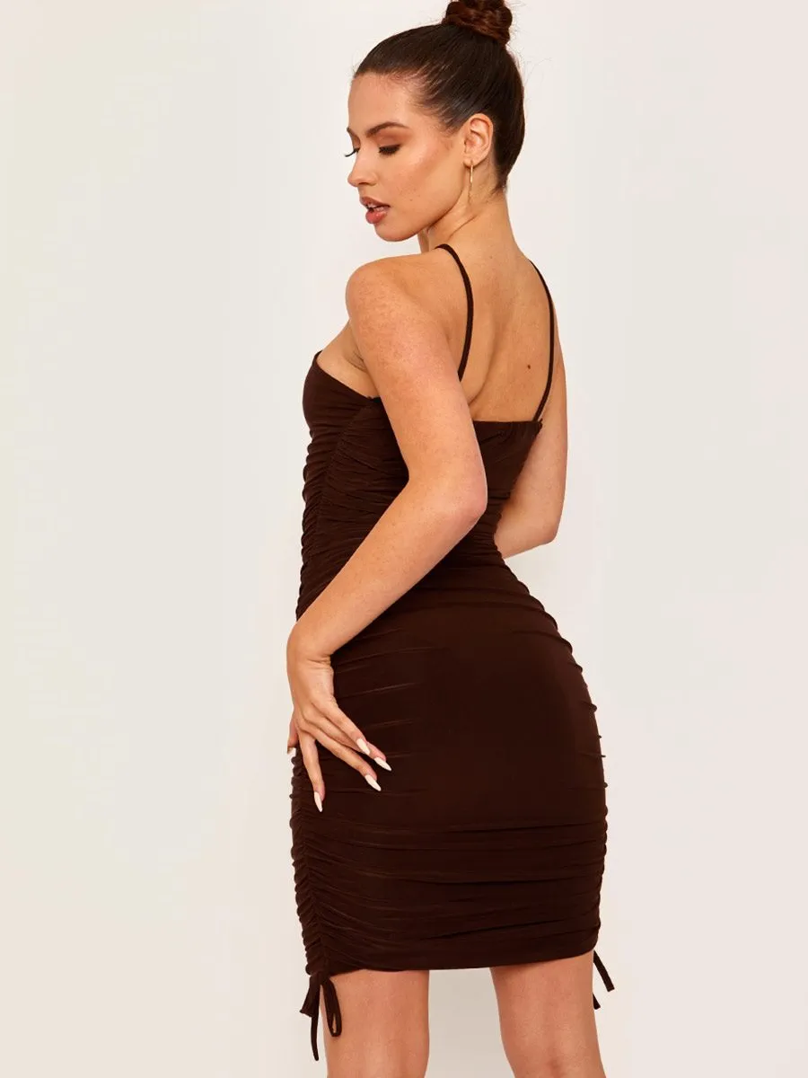 Avrill Halterneck Criss Cross Ruched Dress In Brown