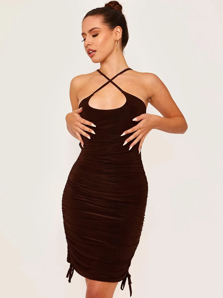 Avrill Halterneck Criss Cross Ruched Dress In Brown