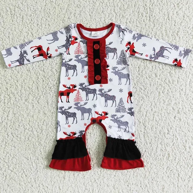 Baby Romper - Christmas - Woodland Deer Buffalo Plaid Ruffle