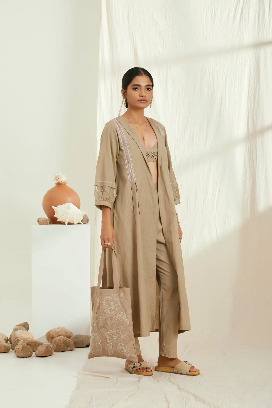 Beige linen long jacket set with hand embroidery