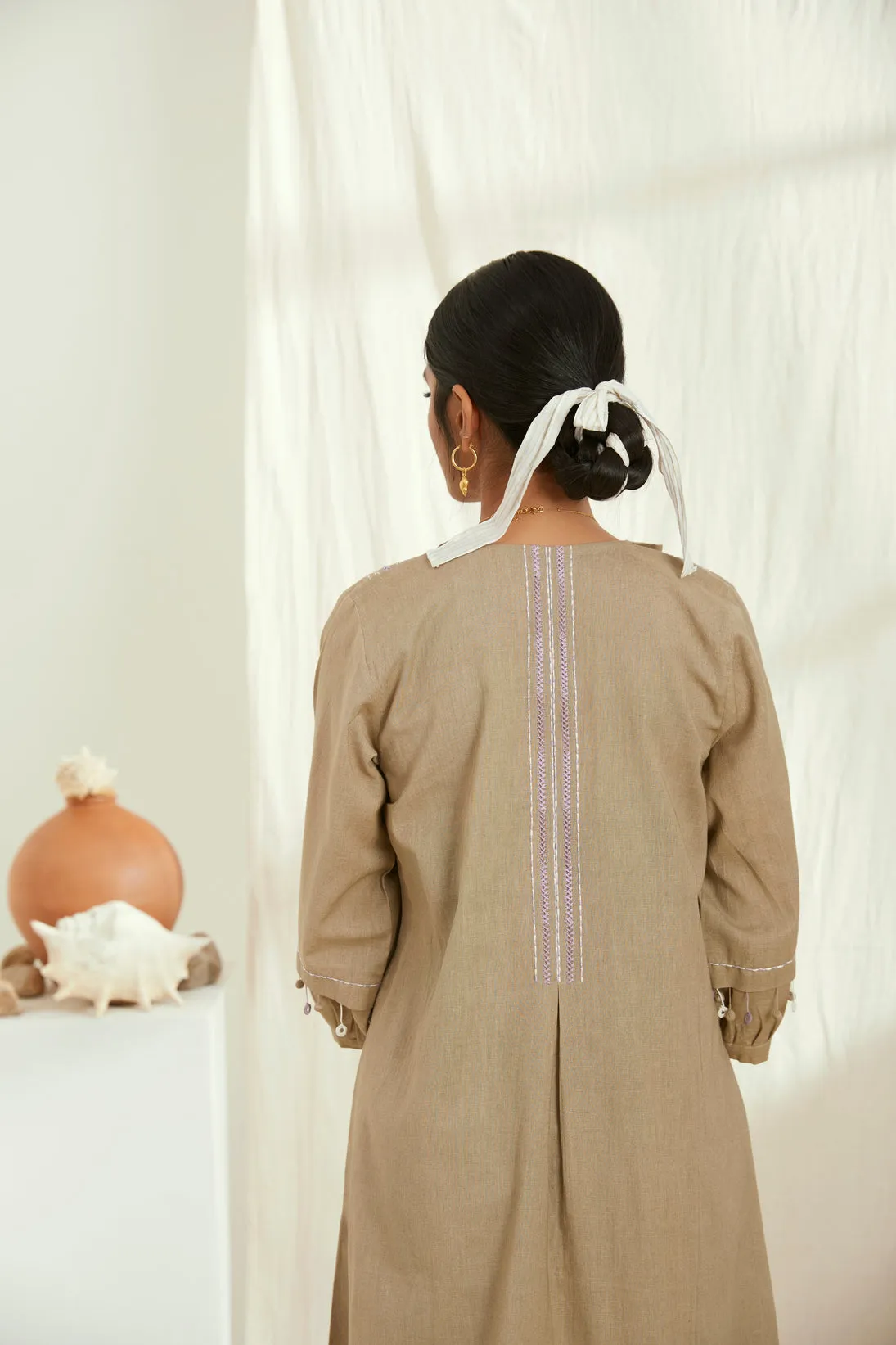 Beige linen long jacket set with hand embroidery