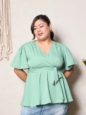 Berrylush Curve Women Solid Green V-Neck Flared Sleeves Waist Tie-Up Pleated Regular Empire Top