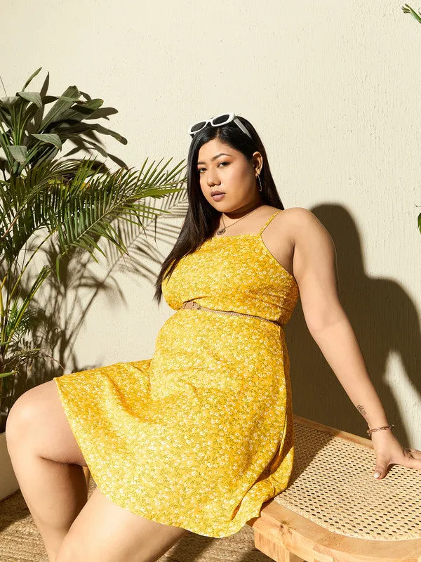 Berrylush Curve Women Yellow & White Floral Printed Square Neck Sleeveless Crepe Fit & Flare Mini Dress