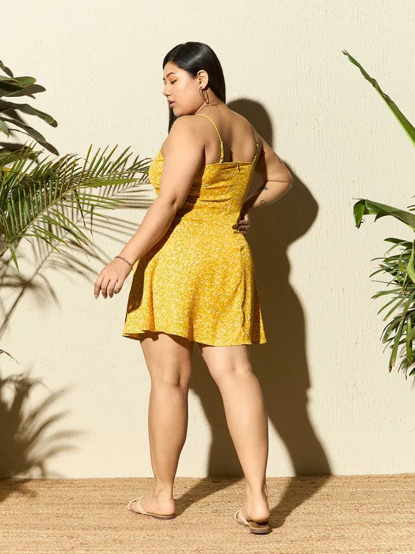 Berrylush Curve Women Yellow & White Floral Printed Square Neck Sleeveless Crepe Fit & Flare Mini Dress