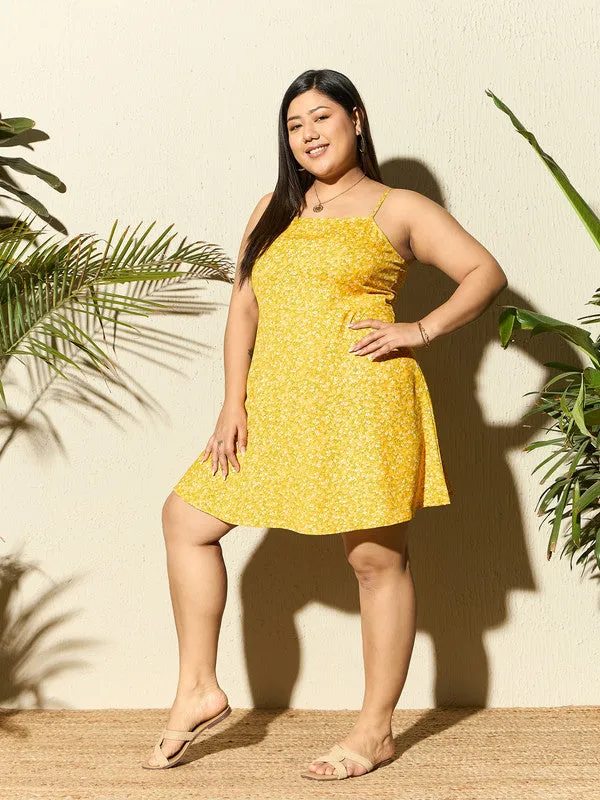 Berrylush Curve Women Yellow & White Floral Printed Square Neck Sleeveless Crepe Fit & Flare Mini Dress