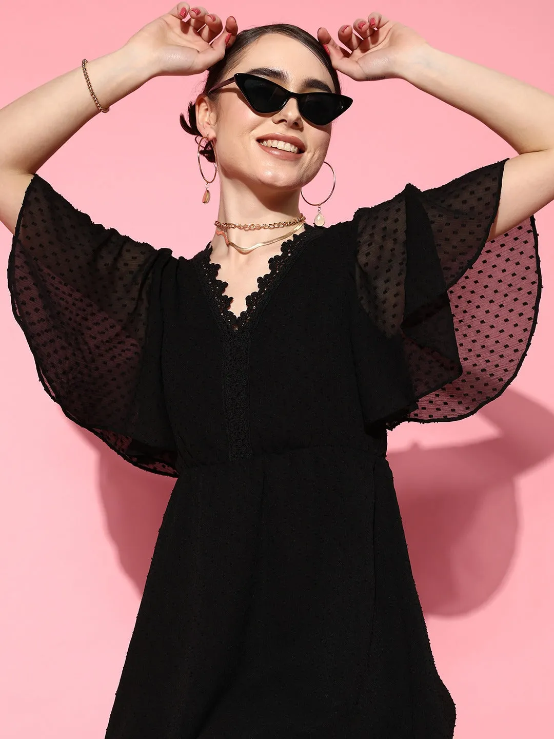 Berrylush Women Solid Black Dobby Weave V-Neck Back Tie-Up Semi-Sheer Flared A-Line Mini Dress