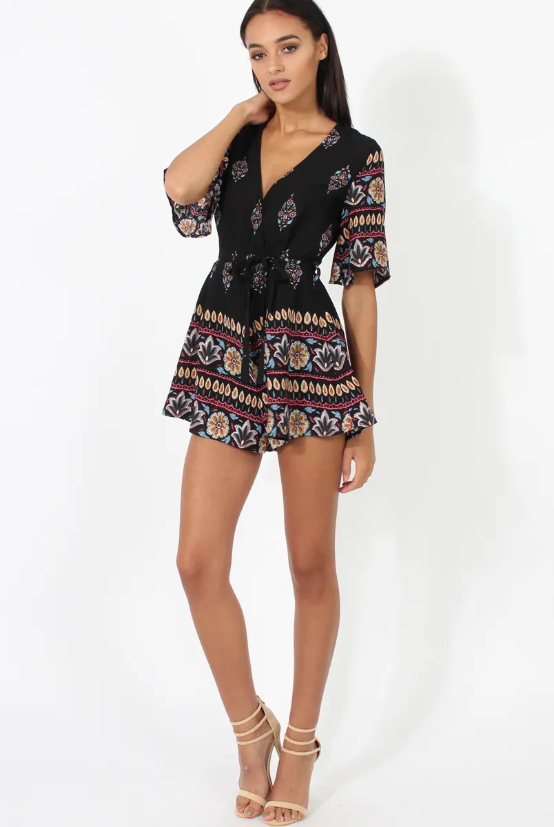 Black Floral Border Print Playsuit - Shauna