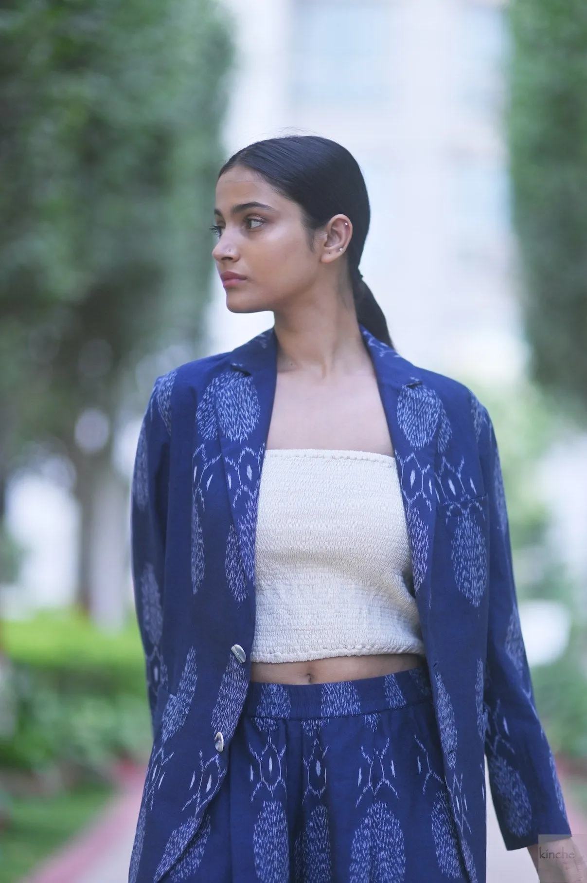 Bukhara, Handwoven Ikat Fabric Cotton Blazer & Indigo Pants, Sustainably made
