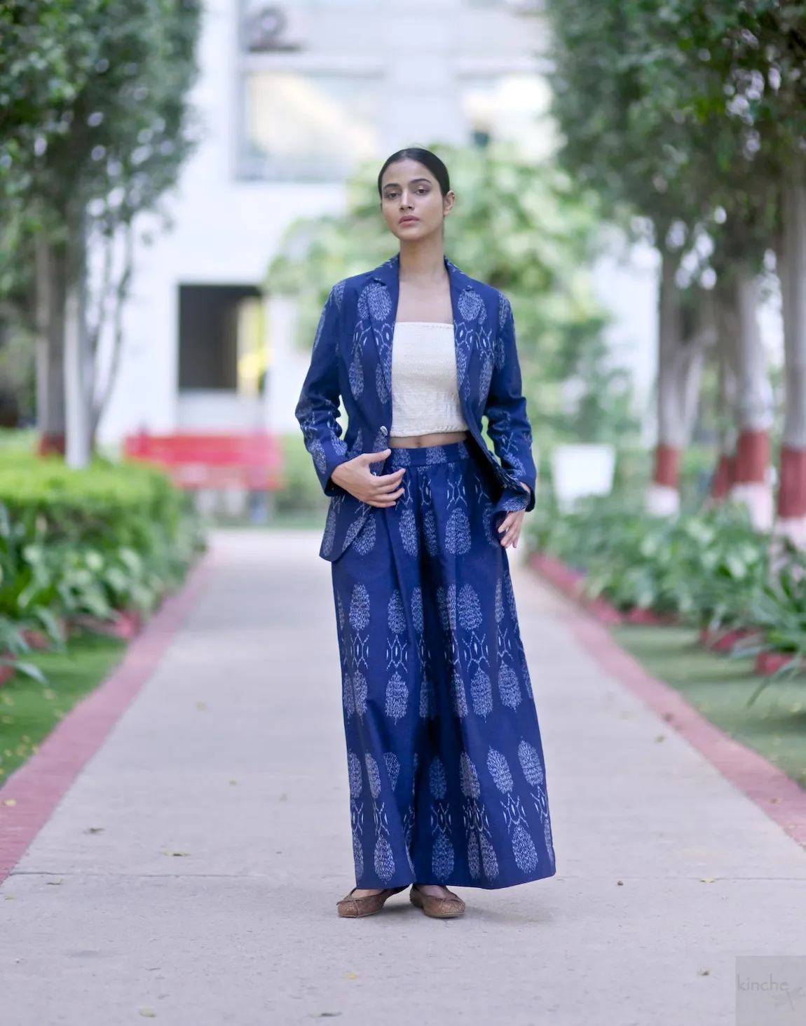 Bukhara, Handwoven Ikat Fabric Cotton Blazer & Indigo Pants, Sustainably made