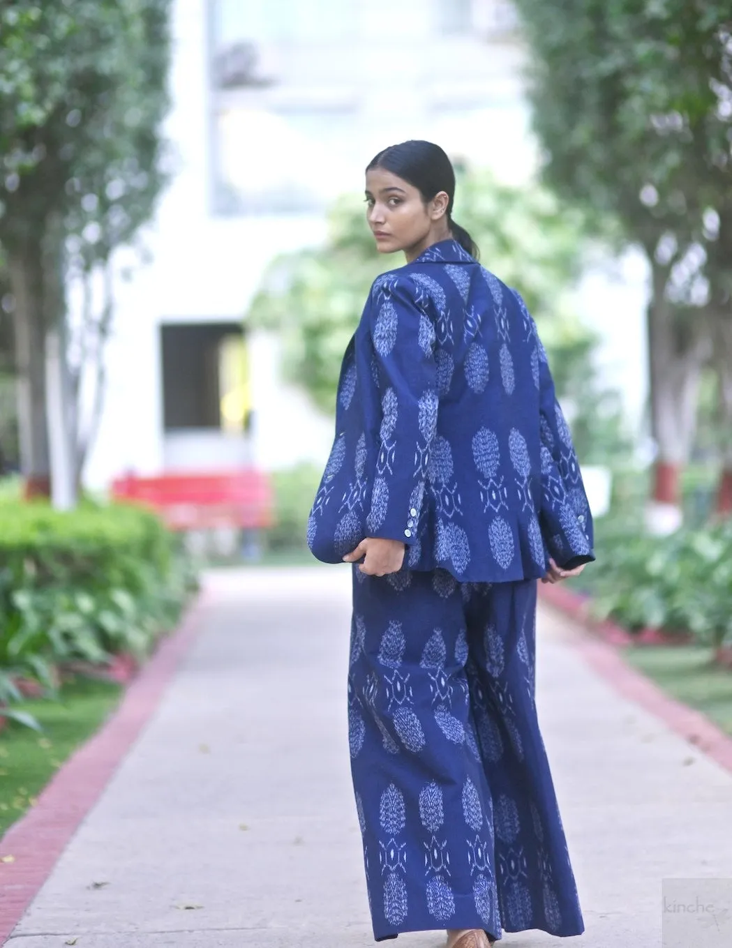 Bukhara, Handwoven Ikat Fabric Cotton Blazer & Indigo Pants, Sustainably made