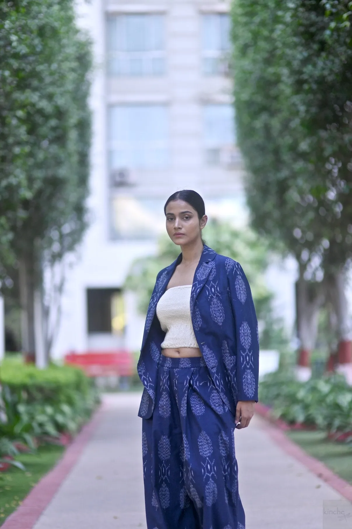 Bukhara, Handwoven Ikat Fabric Cotton Blazer & Indigo Pants, Sustainably made