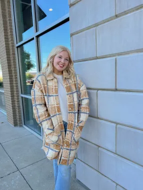 Camel/Blue Plaid Button Down Shacket/Coat