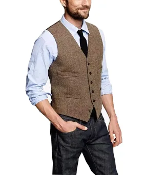 Casual Men's Tweed Herringbone V Neck Vest