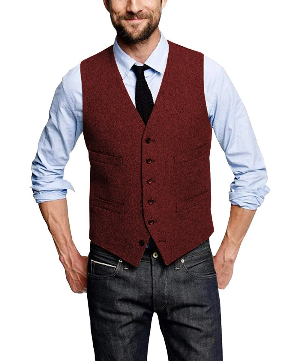 Casual Men's Tweed Herringbone V Neck Vest