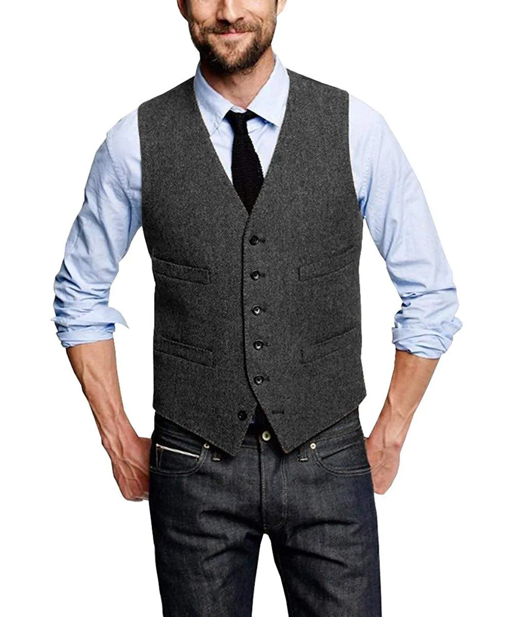 Casual Men's Tweed Herringbone V Neck Vest