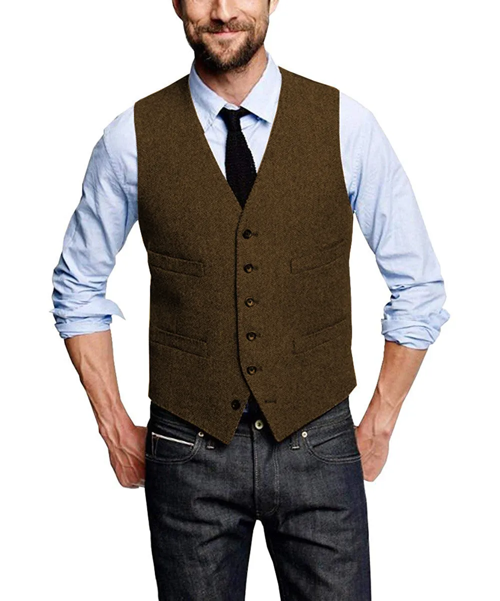 Casual Men's Tweed Herringbone V Neck Vest