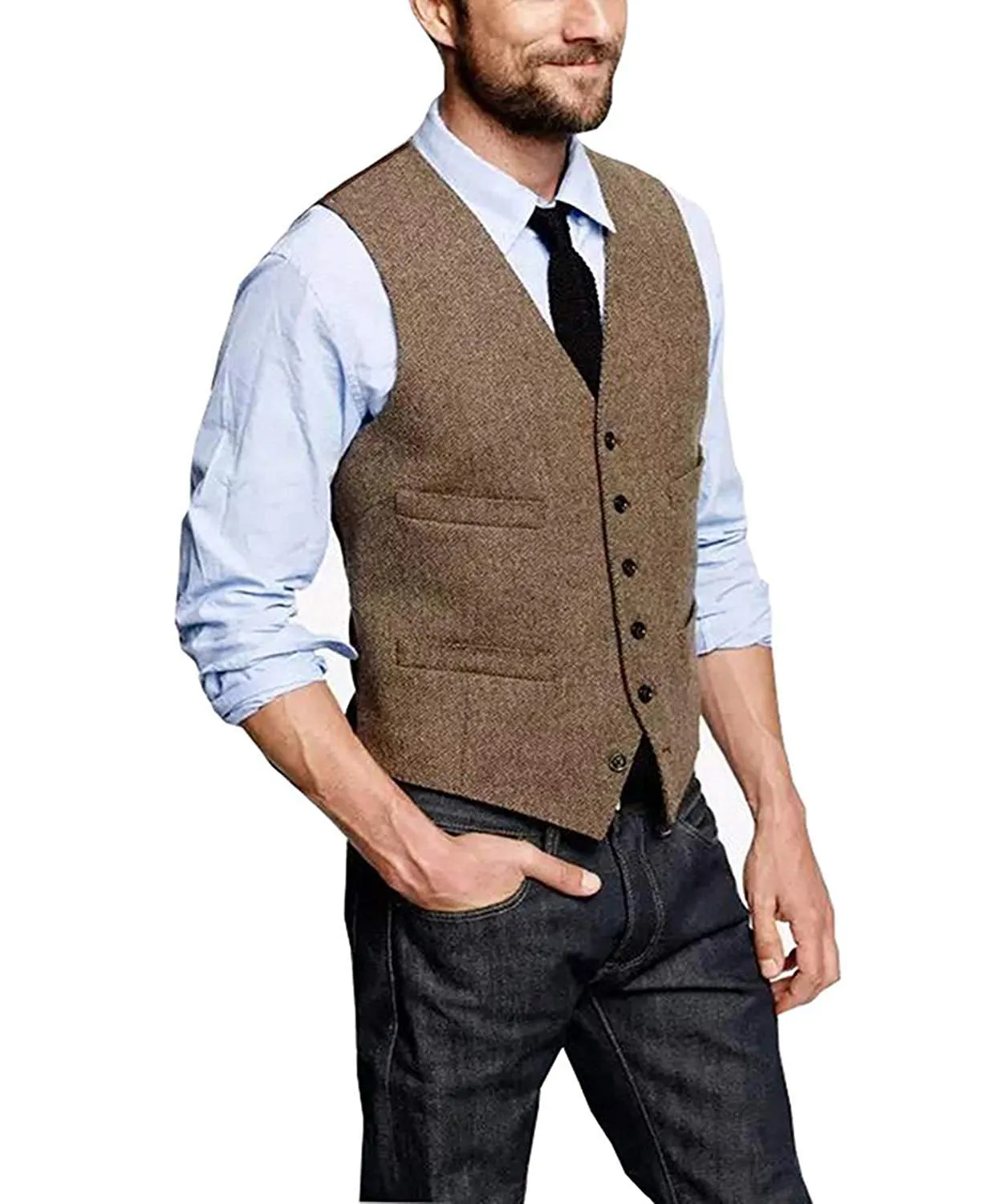 Casual Men's Tweed Herringbone V Neck Vest