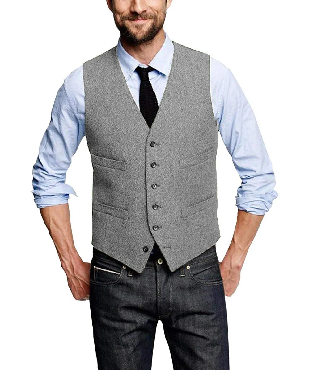 Casual Men's Tweed Herringbone V Neck Vest