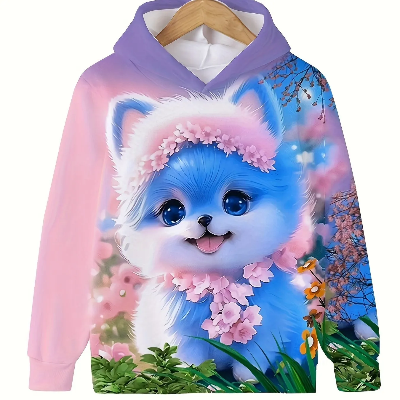 Charming Kitten Graphic Hoodie for Girls - Cozy Long Sleeve Pullover with Hood