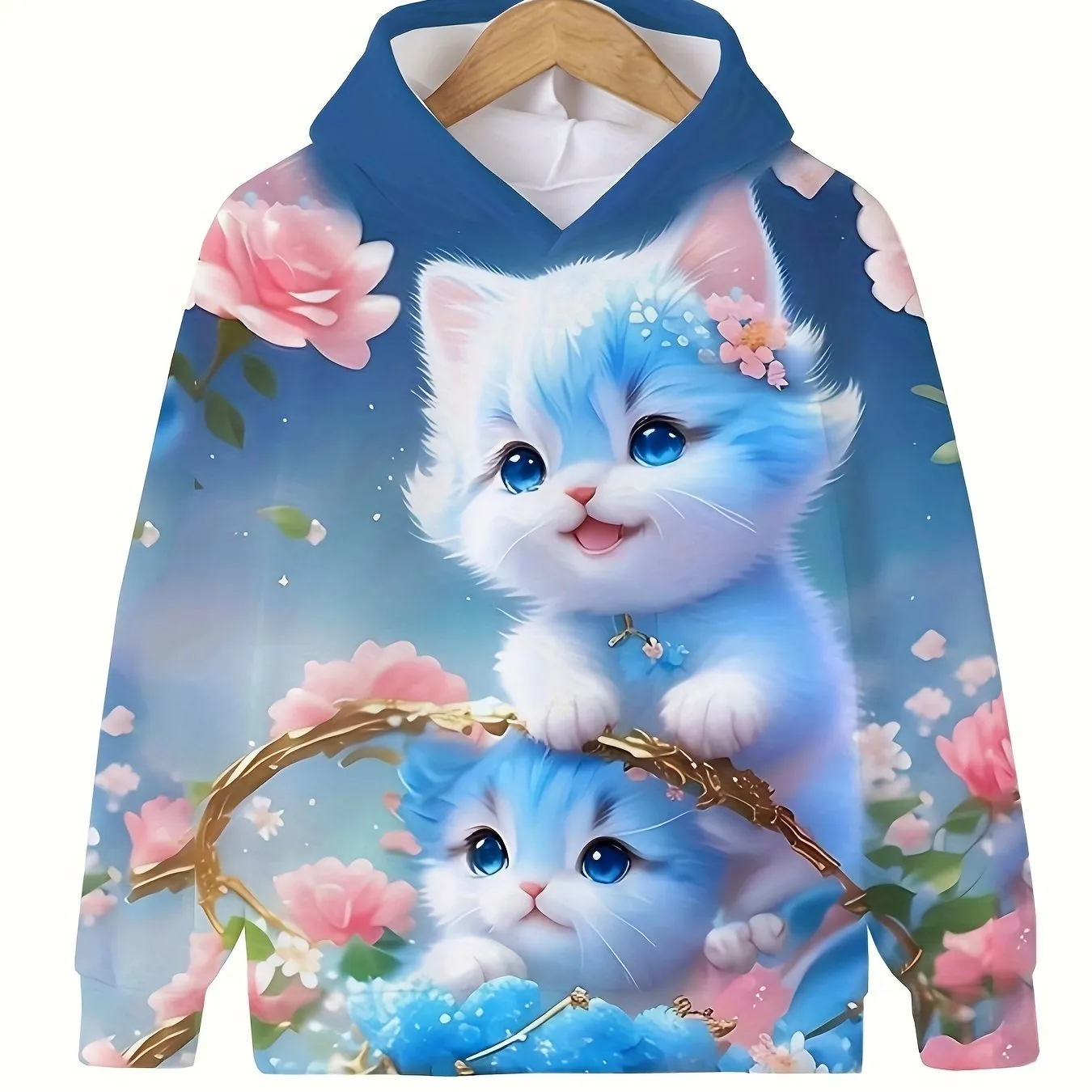 Charming Kitten Graphic Hoodie for Girls - Cozy Long Sleeve Pullover with Hood