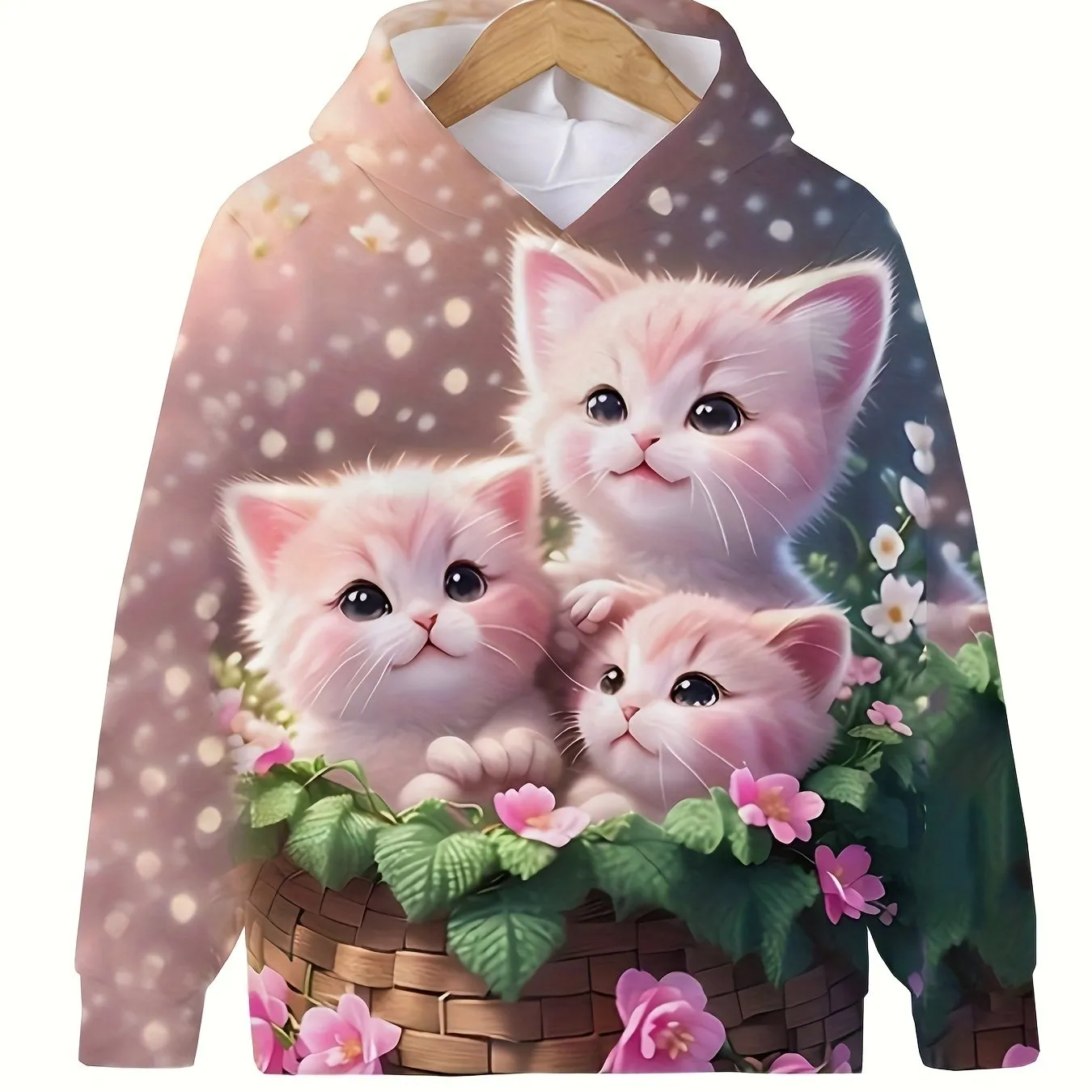 Charming Kitten Graphic Hoodie for Girls - Cozy Long Sleeve Pullover with Hood