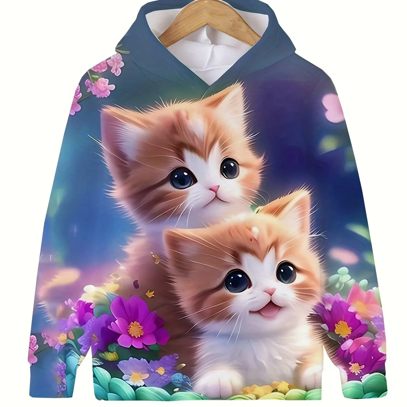 Charming Kitten Graphic Hoodie for Girls - Cozy Long Sleeve Pullover with Hood