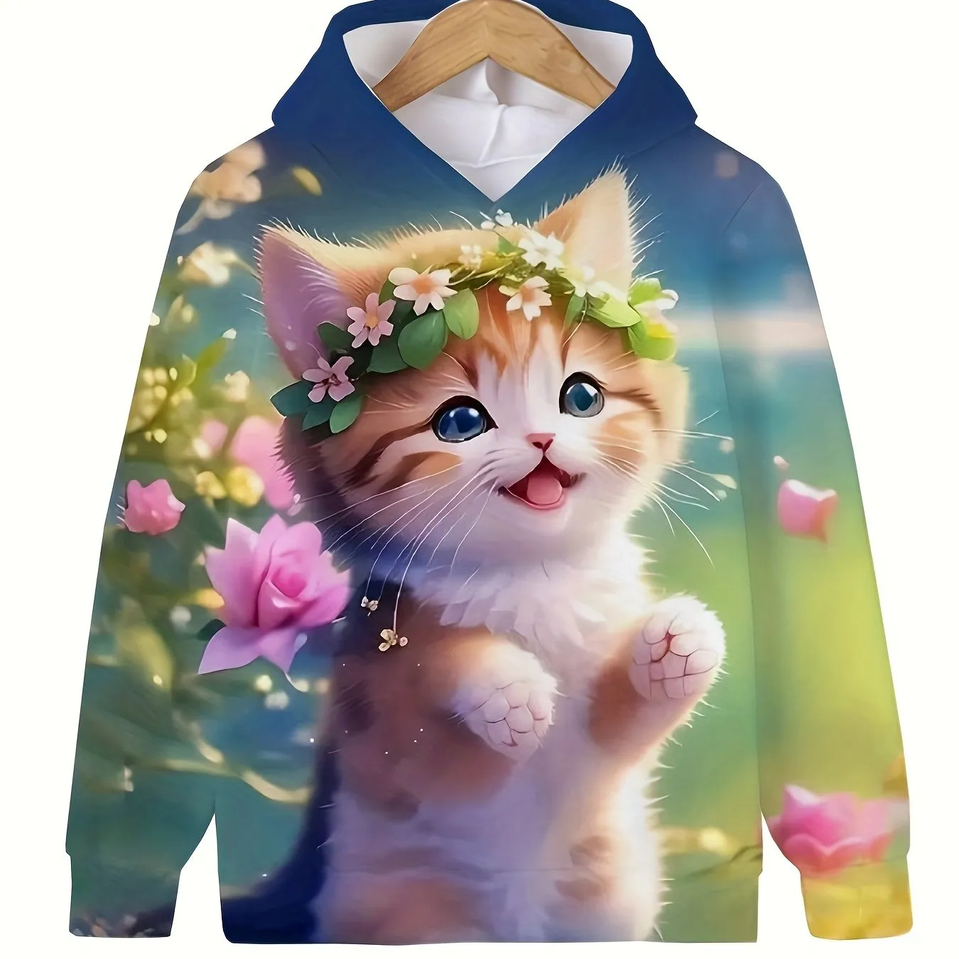 Charming Kitten Graphic Hoodie for Girls - Cozy Long Sleeve Pullover with Hood