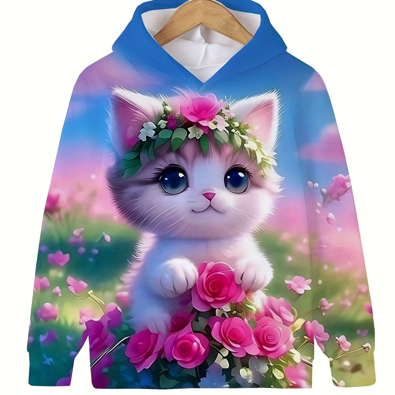 Charming Kitten Graphic Hoodie for Girls - Cozy Long Sleeve Pullover with Hood