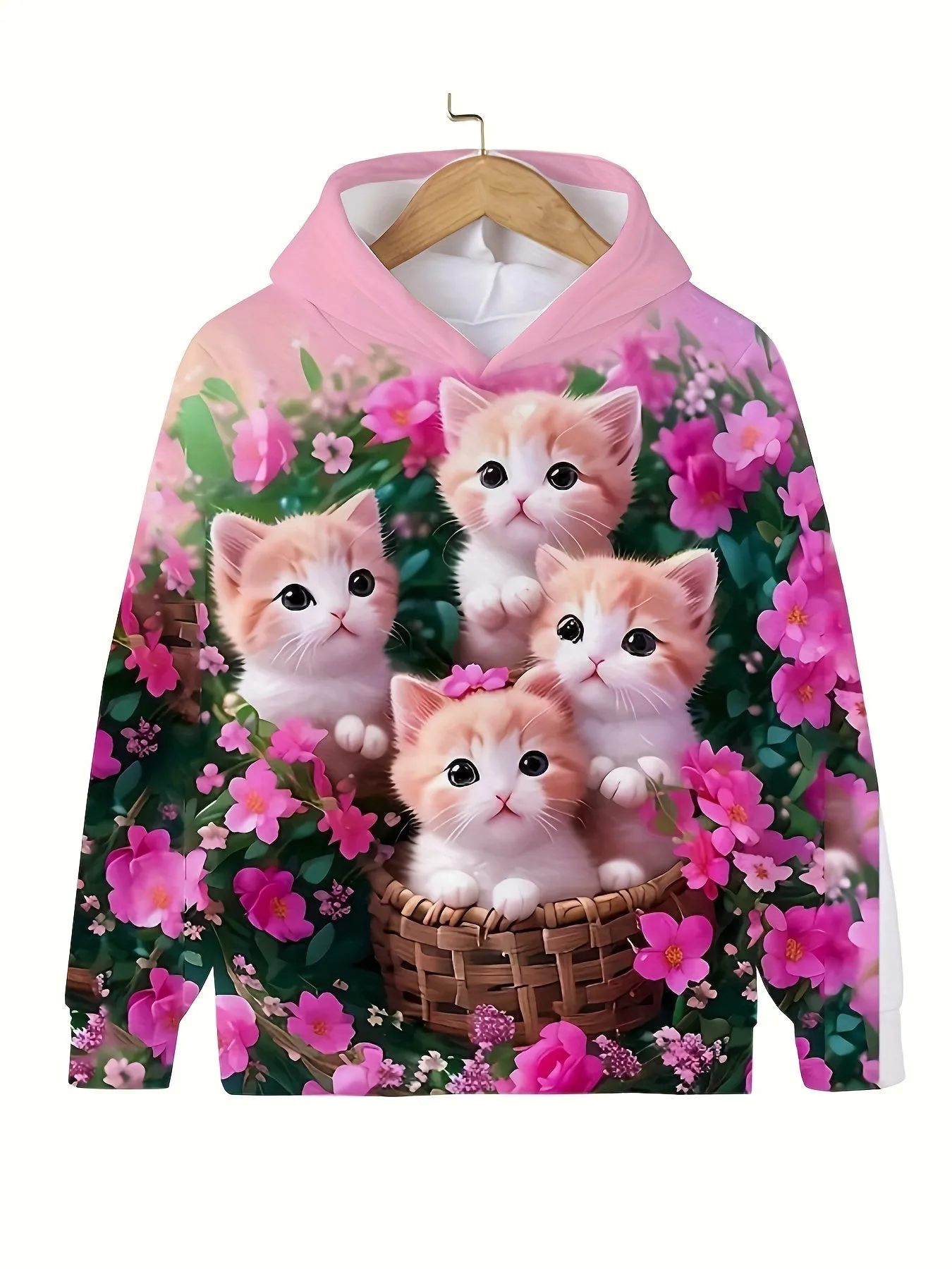 Charming Kitten Graphic Hoodie for Girls - Cozy Long Sleeve Pullover with Hood