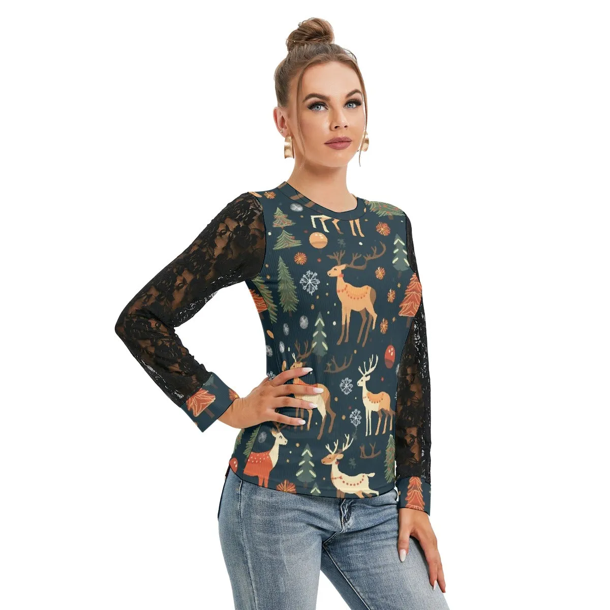 Christmas Fun T-shirt with Black Lace Sleeves