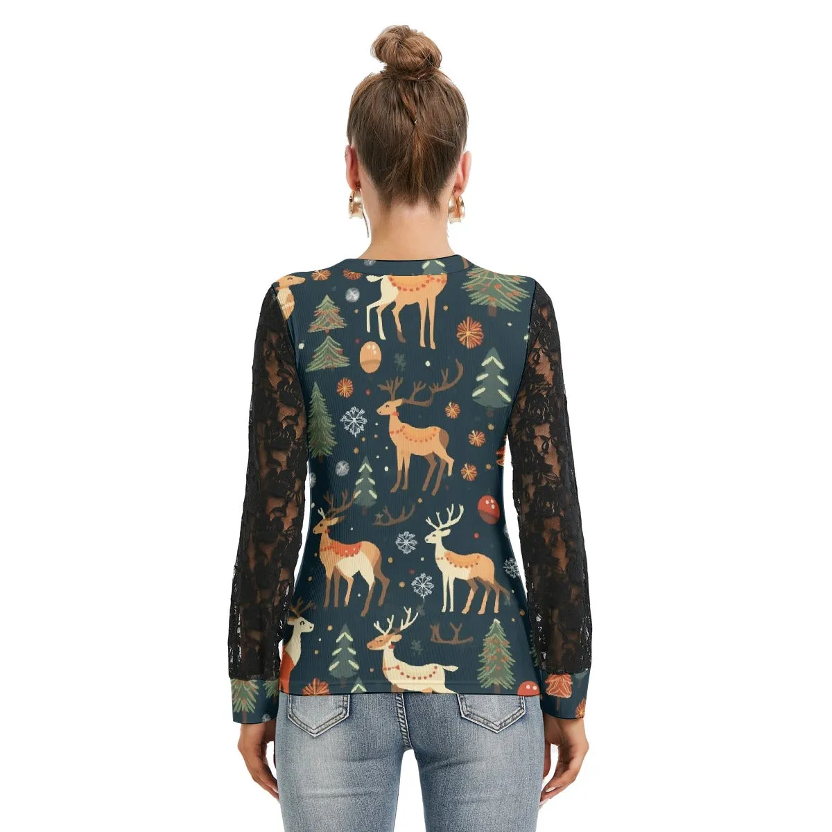 Christmas Fun T-shirt with Black Lace Sleeves