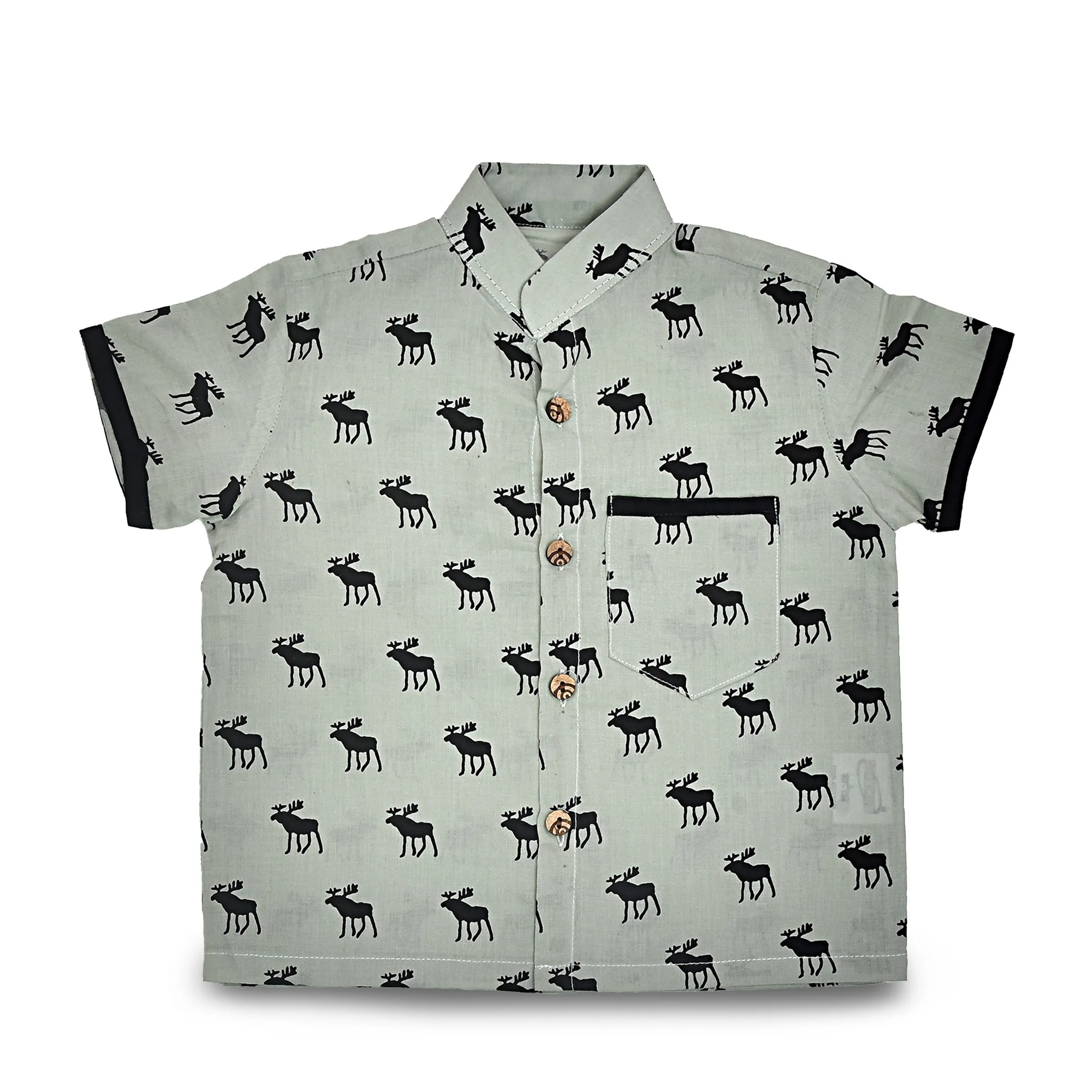 Cotton Baby Boy Shirt & Pants Set | Reindeer Print | Grey